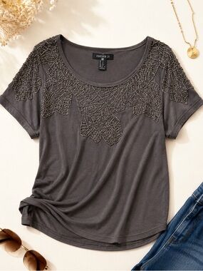 Forever 21 Gray Beaded Top Short Sleeve Embellished Blouse Medium